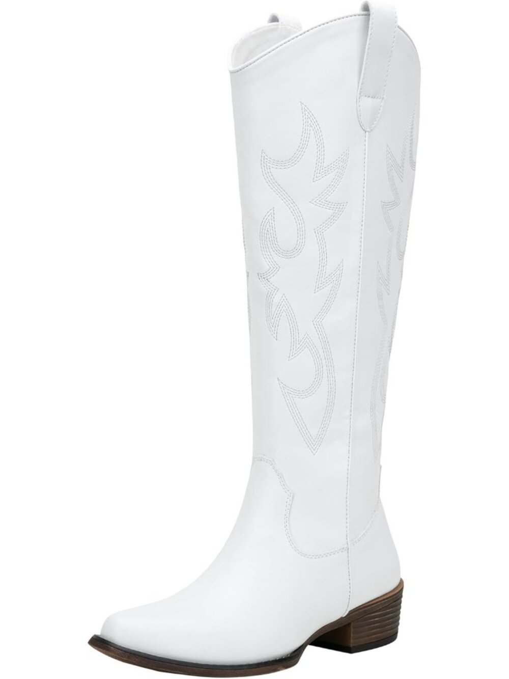 Women's White Knee High Western Tall Round Toe Side Zipper Low Heel Cowgirl Boot